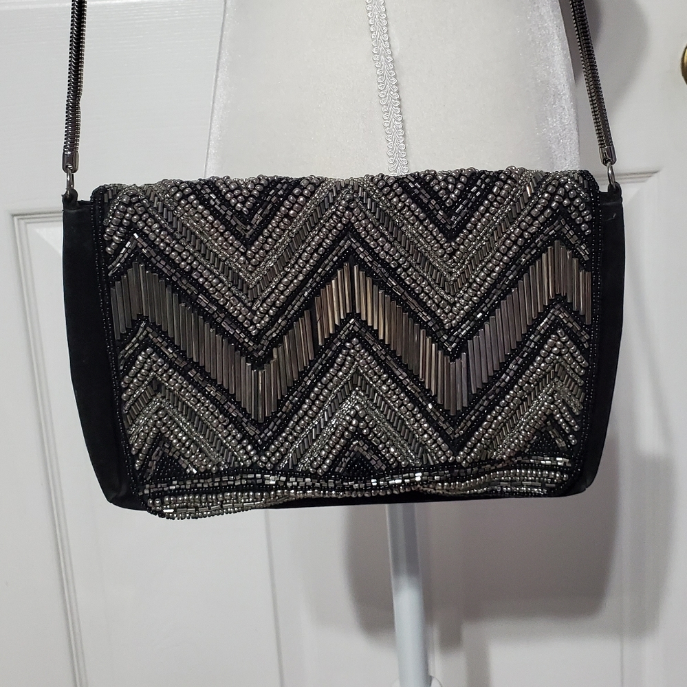 H & M Black/Gray Beaded Should Purse